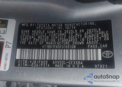 2015 Toyota Camry Hybrid Se from USA, damaged, VIN 4T1BD1FK5FU145138